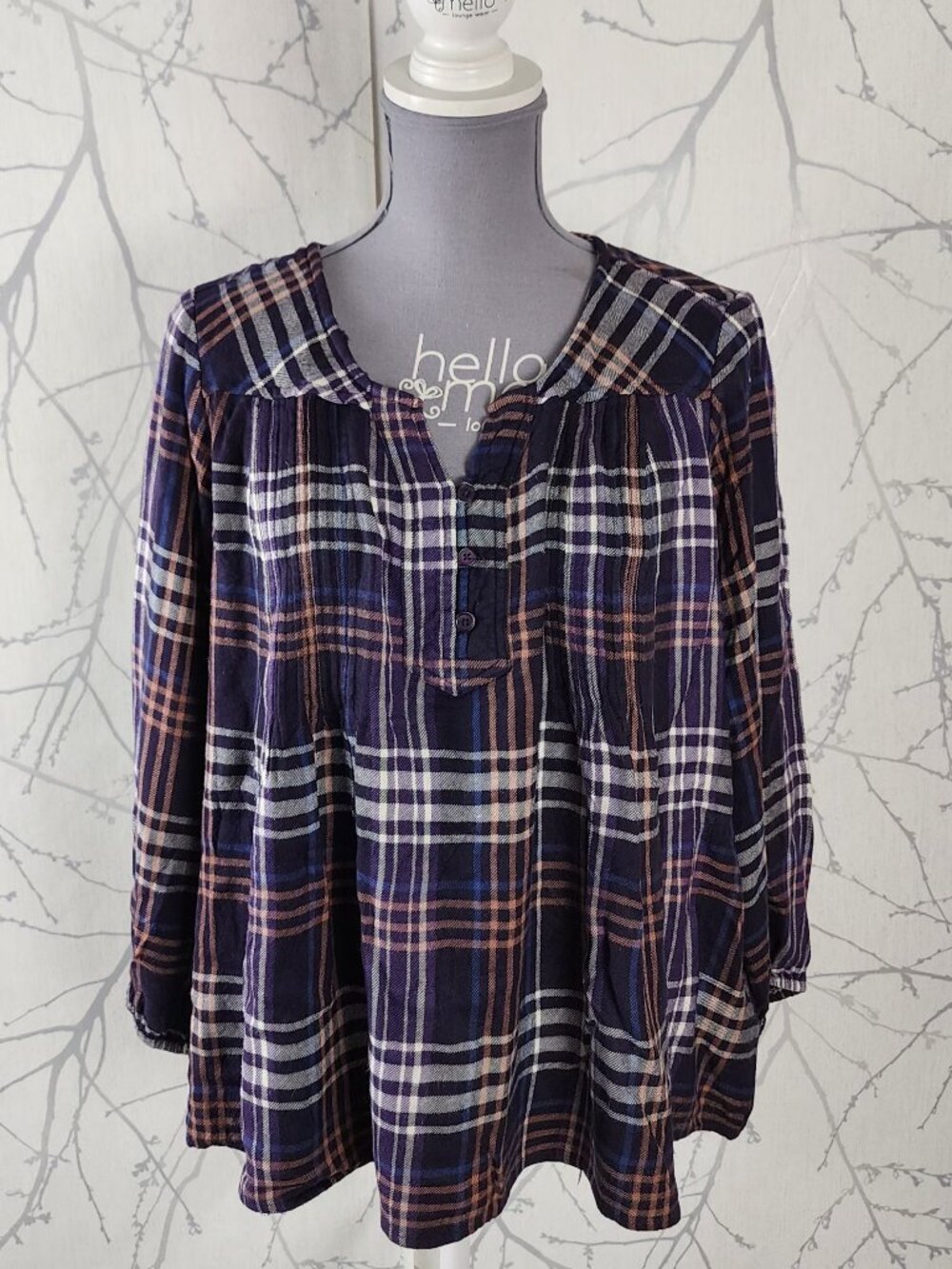 Style & Co Purple Plaid Crinkle Gauze Pintuck Blouse